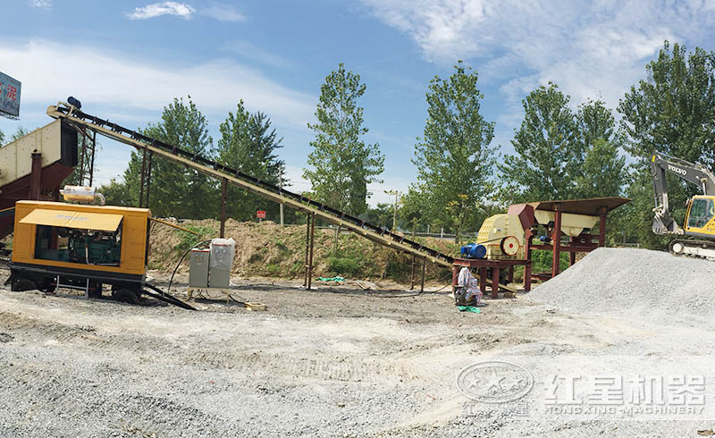 紅星錘式破碎機碎石生產(chǎn)線現(xiàn)場，一破頂多破